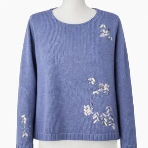 Vintage 90s‎ Embroidered Chunky Knit Sweater Size L Blue Leaf Cottagecore Granny